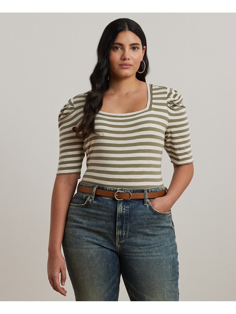 Lauren Ralph Lauren Plus Size Striped Cotton Jersey Top Aqua Pearl/Blue Cream 1X